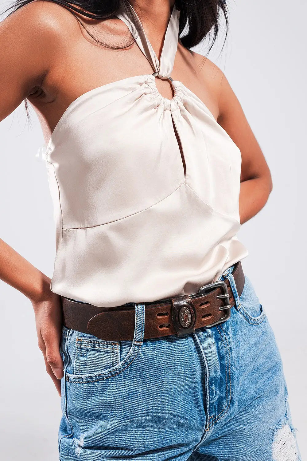 Halter neck crop top with ring detail in beige - One Size / Beige - Tops
