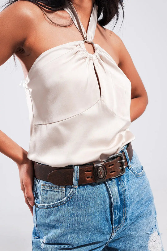 Halter neck crop top with ring detail in beige - One Size / Beige - Tops