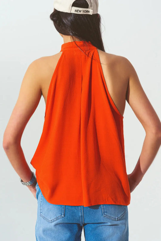 Halter Neck Top with Button Details in Orange - Shirts