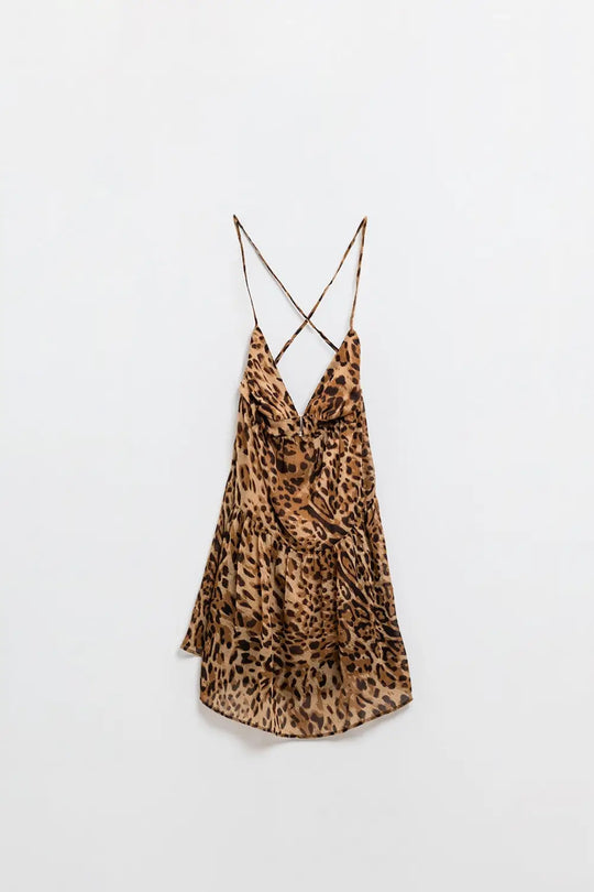 Halter Open Back BabyDoll chiffon Dress in Leopard Print - Dresses