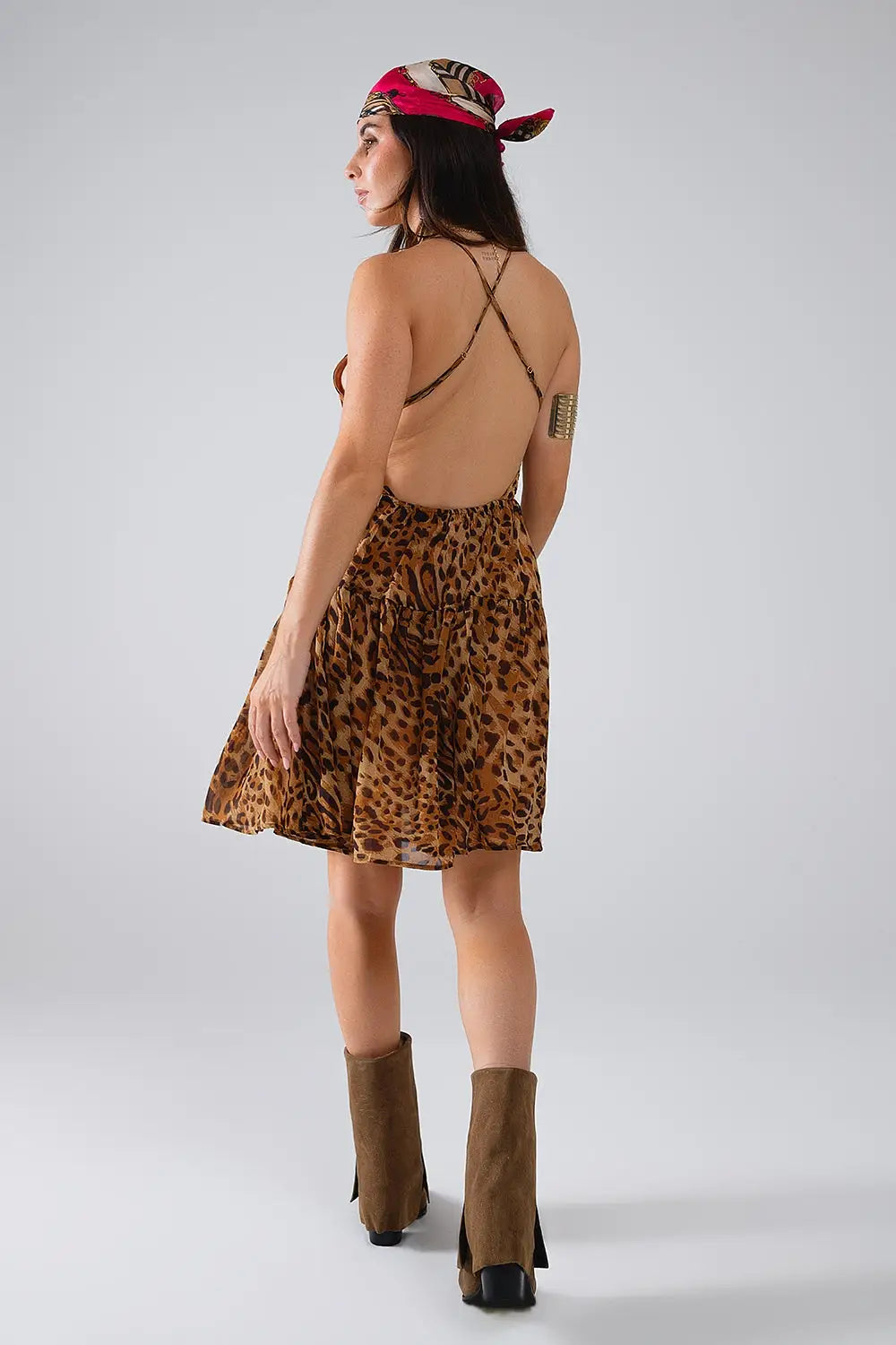 Halter Open Back BabyDoll chiffon Dress in Leopard Print - Dresses