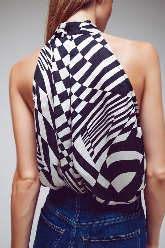 Halter Top With Tie Neck in Abstract Black and White Print - Shirts