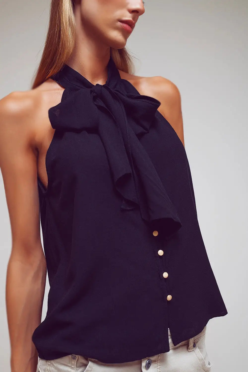 Halter Top With Tie Neck in Black - Shirts