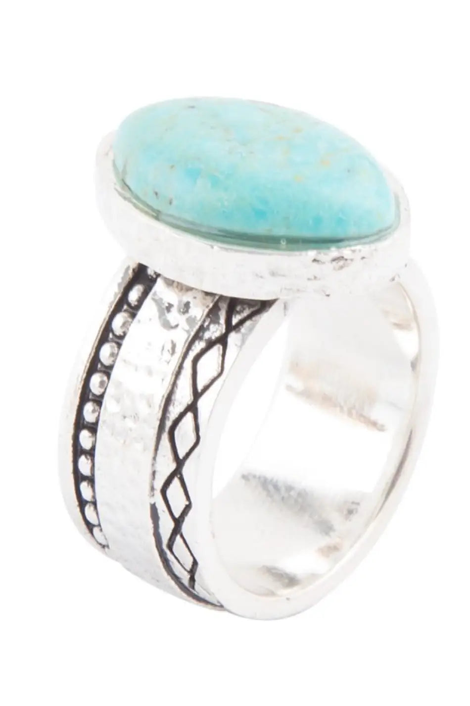 Hammered Big Sterling Silver and Blue Turquoise Ring - Rings