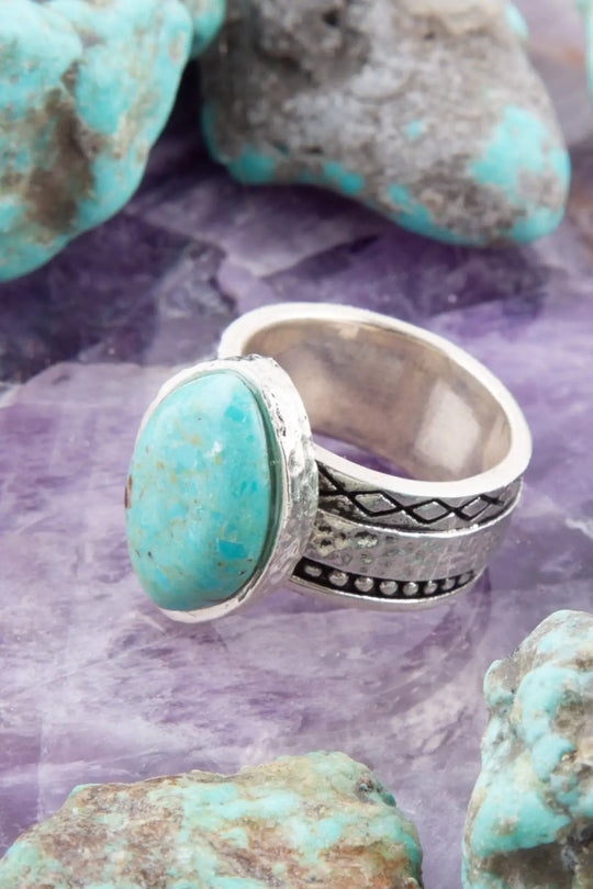 Hammered Big Sterling Silver and Blue Turquoise Ring - Rings