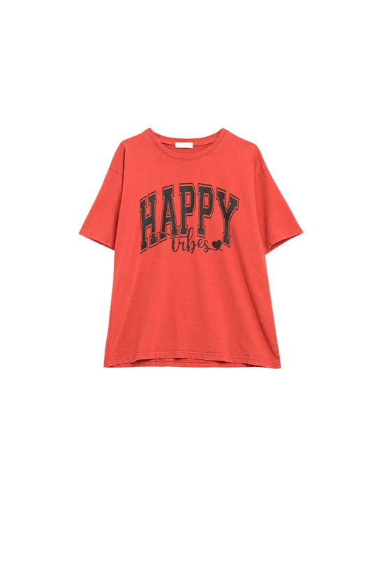 Q2 Happy Vibes Graphic Relaxed T-Shirt in red color
