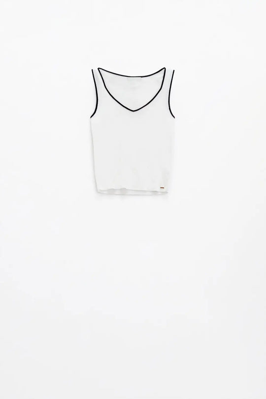 Haut blanc sans manches avec encolure ras du cou et bordure noire - Pulls