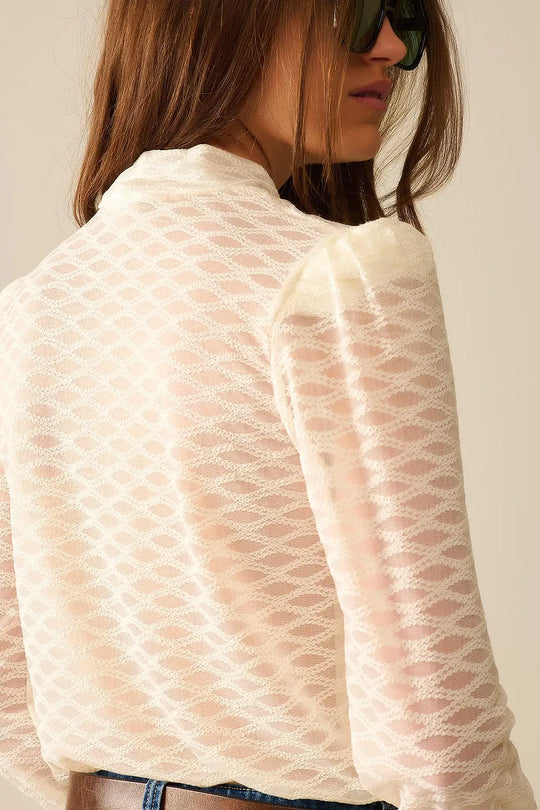 Haut Col Roulé en Dentelle Transparente Beige avec Épaules Bouffantes - Tops
