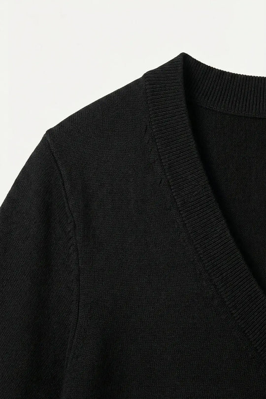Haut en maille noir à manches courtes avec col en V - One Size / Negro