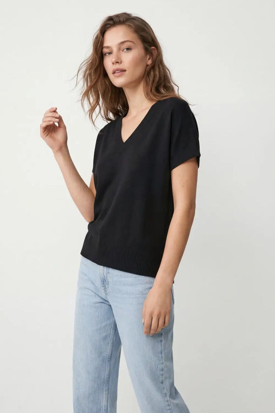 Haut en maille noir à manches courtes avec col en V - One Size / Negro