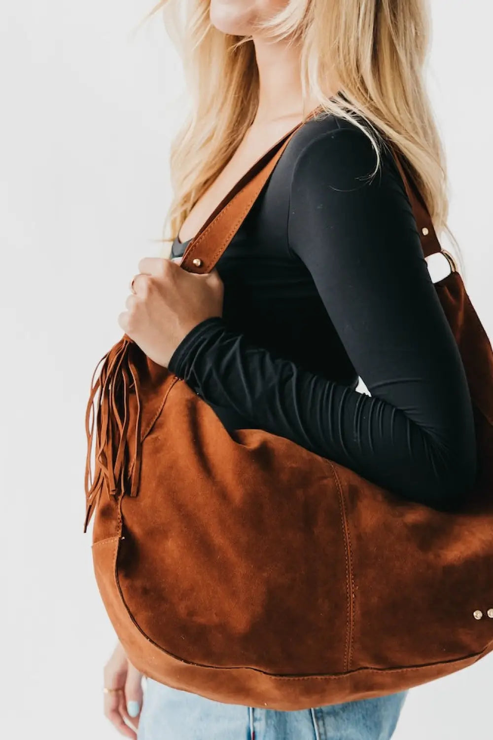 Hazel Hobo Shoulder Bag with Tassel - Chocolate Suede - Shoulder Bag