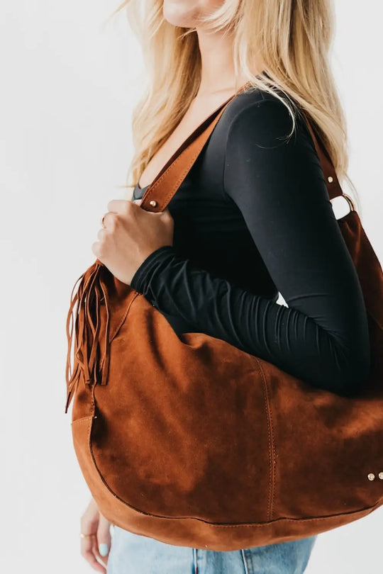 Hazel Hobo Shoulder Bag with Tassel - Chocolate Suede - Shoulder Bag