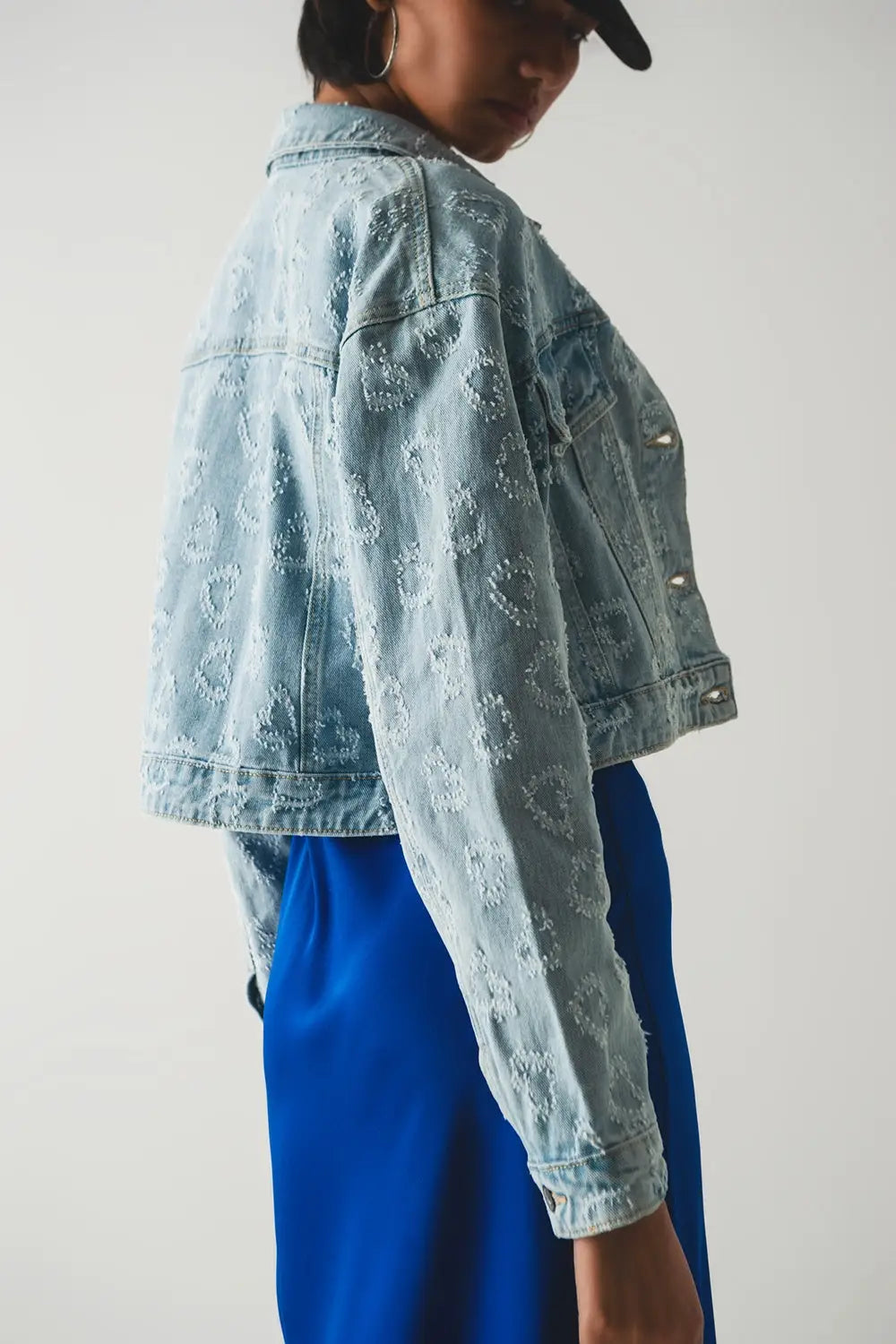 heart embellished oversized denim jacket in light wash - Coats and Jackets