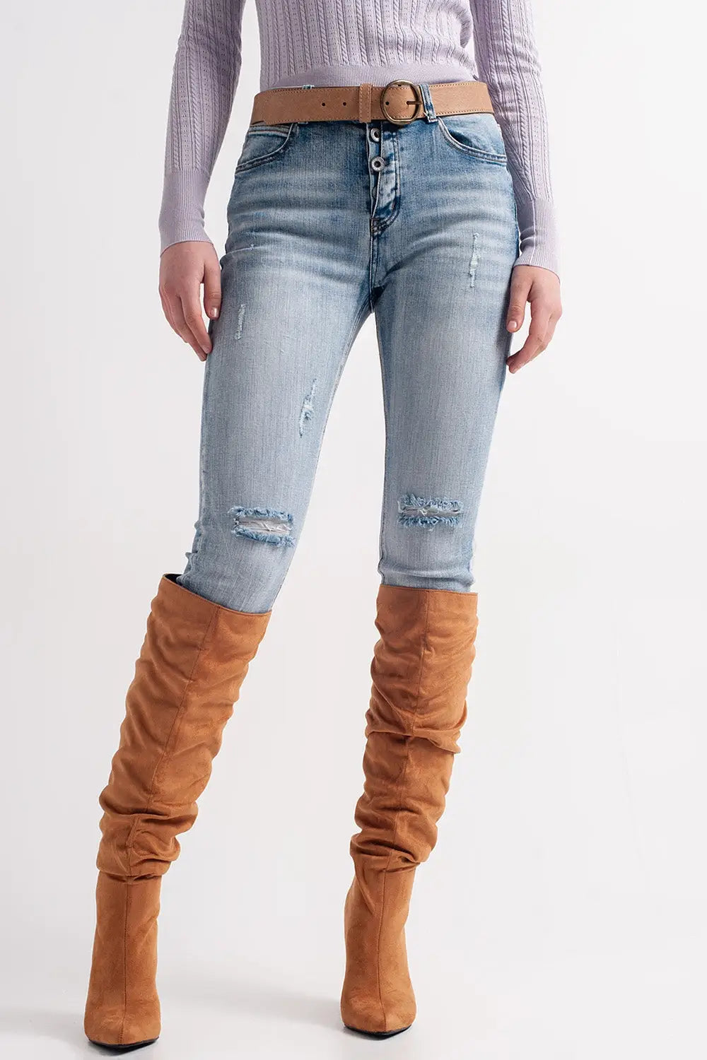 Heather skinny leg distressed jeans with button detail in light blue - Jeans