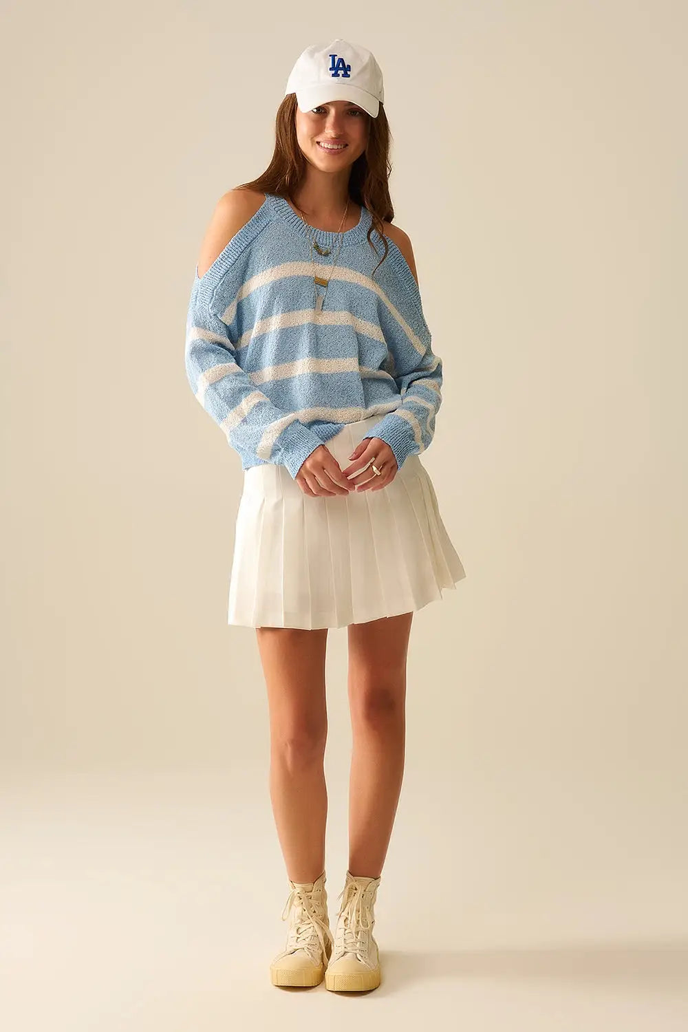 Heather Sweater With Open Shoulders and Horizontal Stripes in Blue - Sweaters