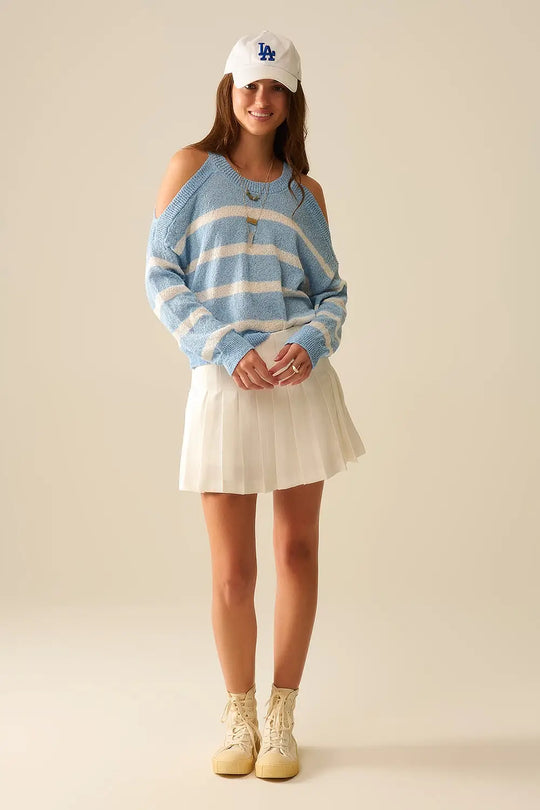 Heather Sweater With Open Shoulders and Horizontal Stripes in Blue - Sweaters