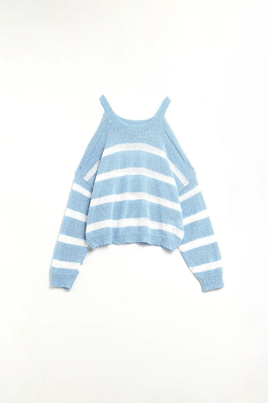 Heather Sweater With Open Shoulders and Horizontal Stripes in Blue - Sweaters