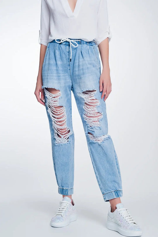 Heavily ripped boyfriend jeans in light denim - Jeans
