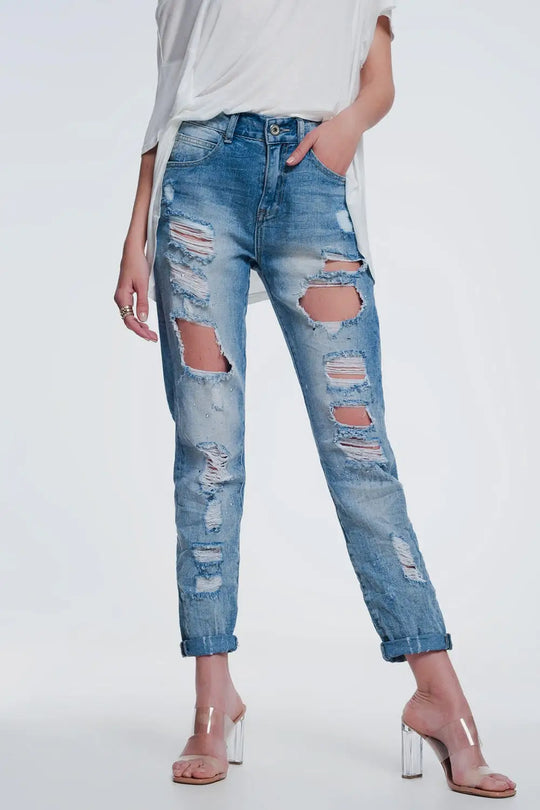 Heavily torn straight jeans in light denim - Jeans