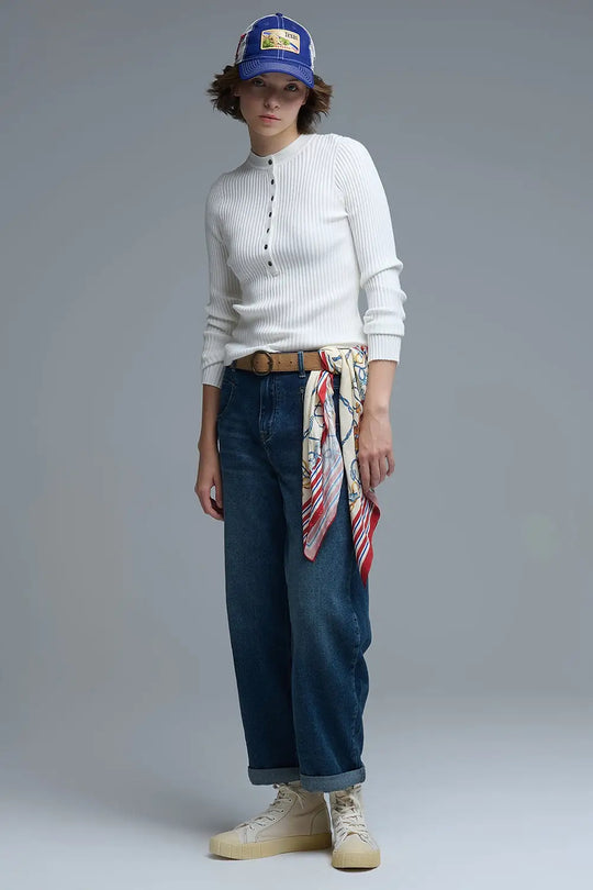 henley Long Sleeve Ribbed Sweater in White - Sweaters