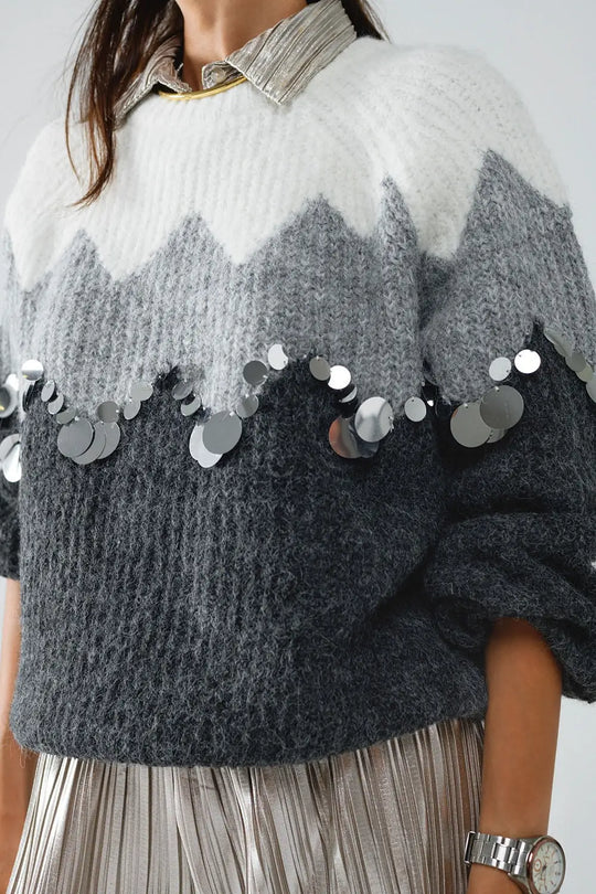 Herringbone Pattern Sweater With Sequin Details In Grey - One Size / Grey - Sweaters