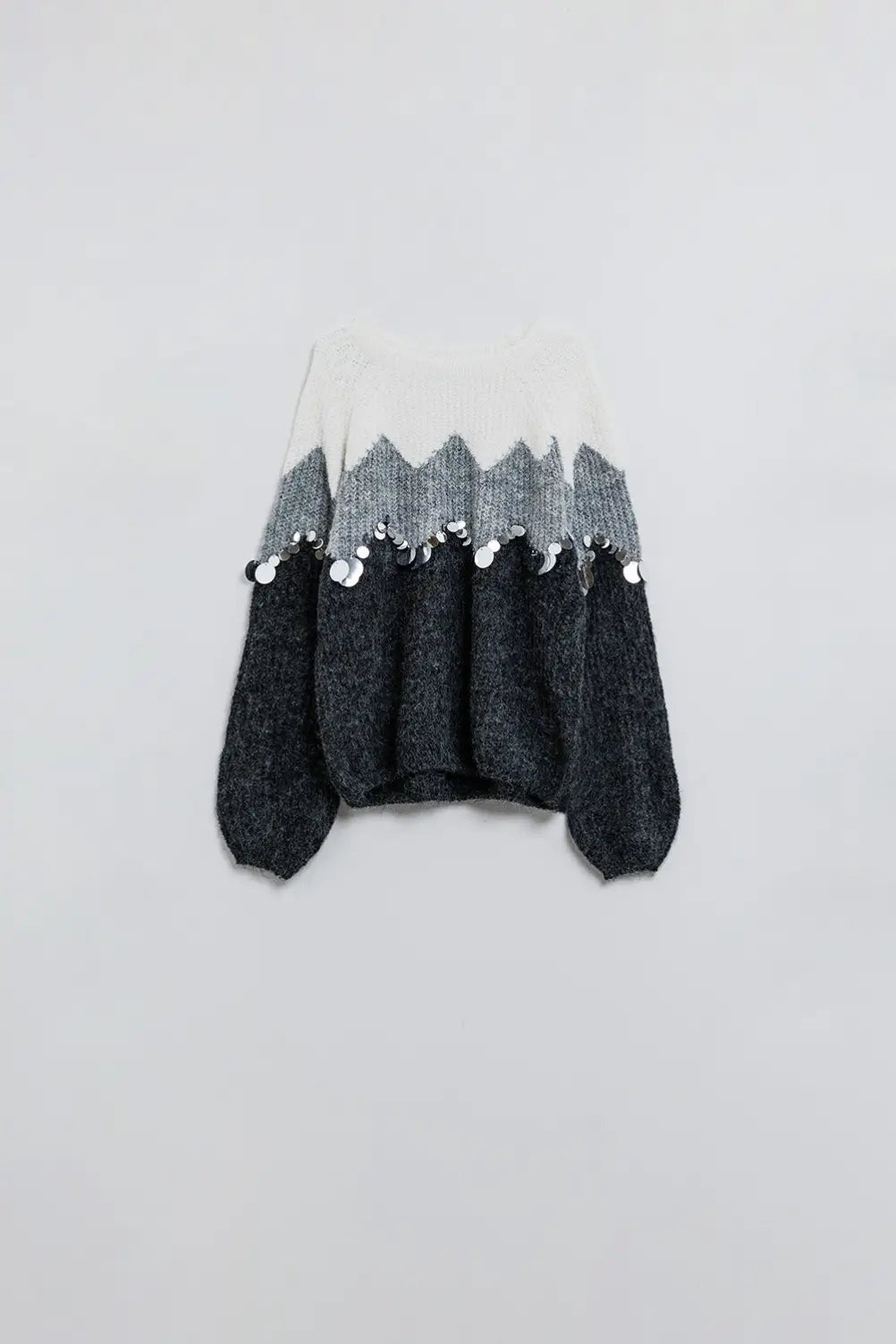 Herringbone Pattern Sweater With Sequin Details In Grey - One Size / Grey - Sweaters