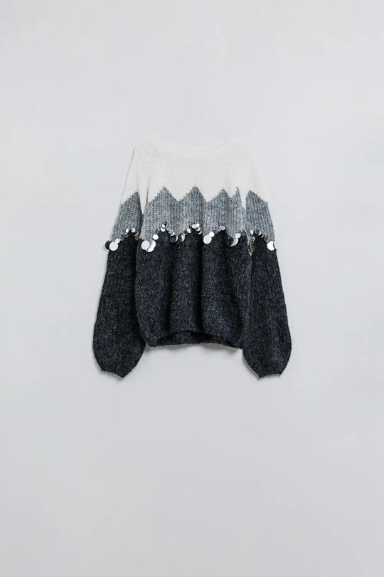 Herringbone Pattern Sweater With Sequin Details In Grey - One Size / Grey - Sweaters