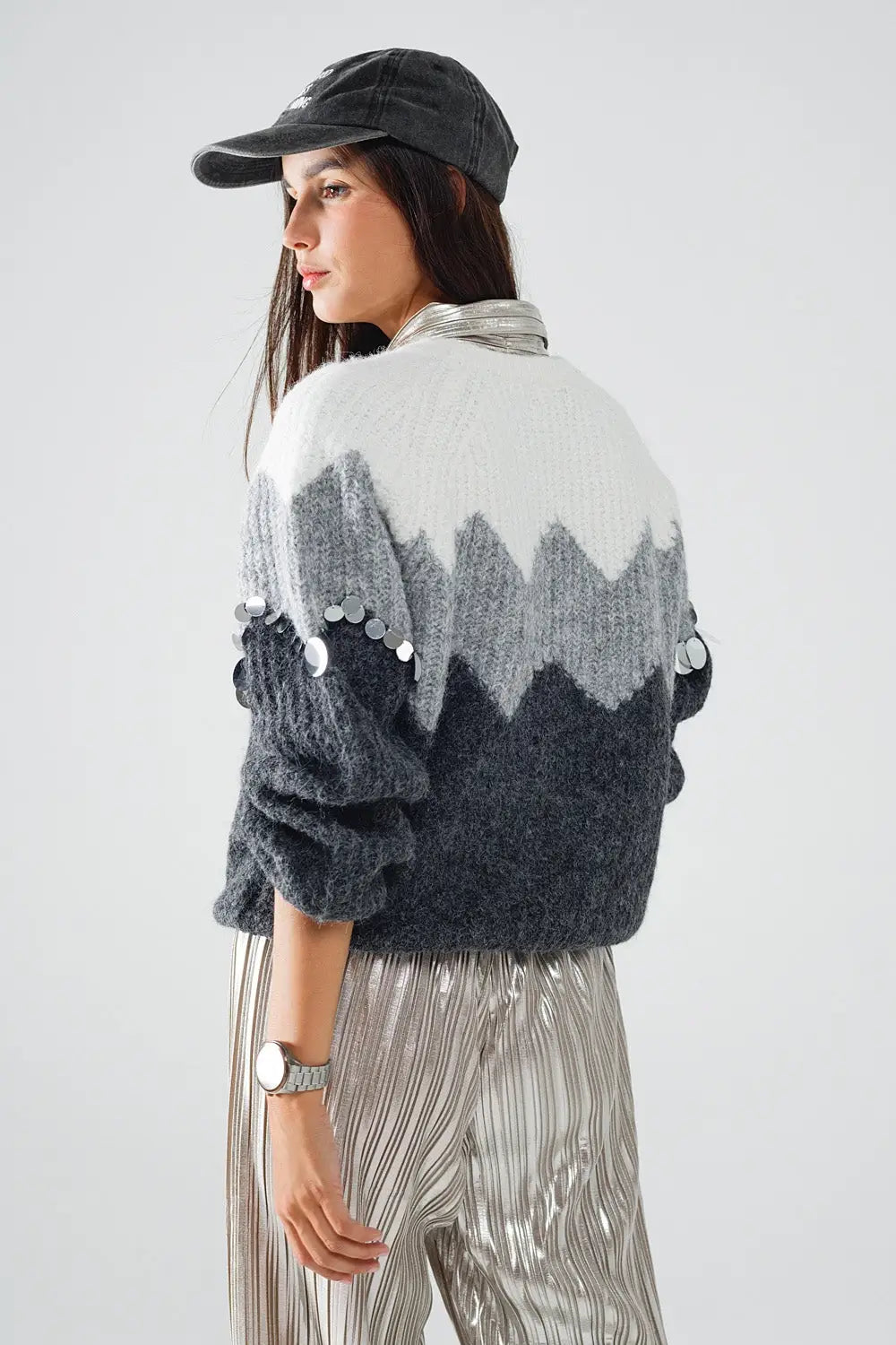 Herringbone Pattern Sweater With Sequin Details In Grey - One Size / Grey - Sweaters