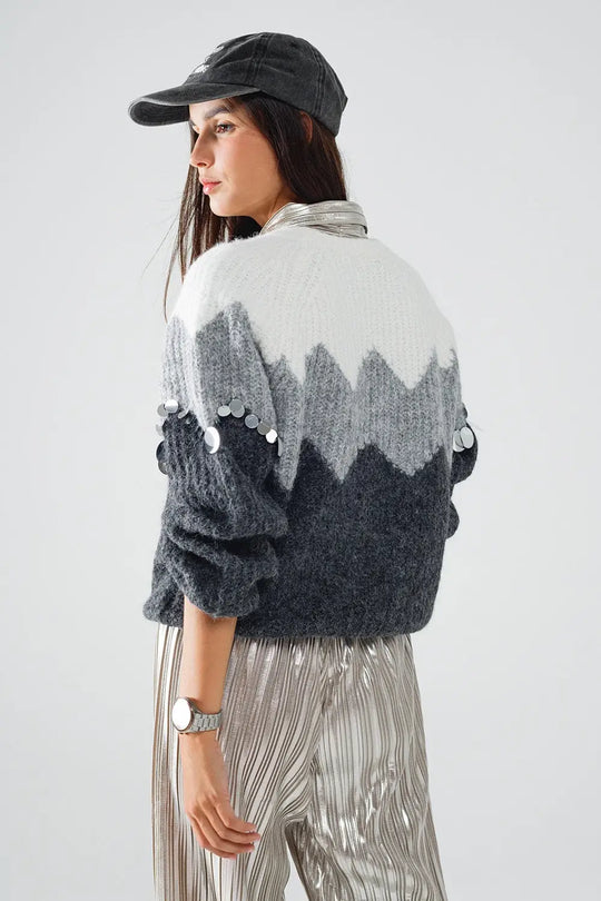 Herringbone Pattern Sweater With Sequin Details In Grey - One Size / Grey - Sweaters