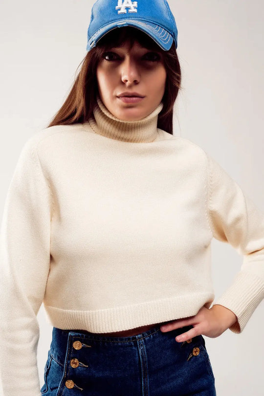 High neck cropped jumper in cream - Sweaters