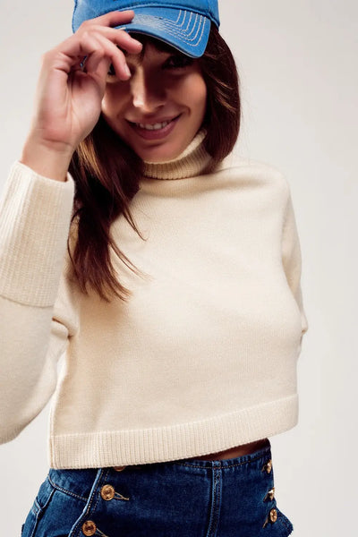 High neck cropped jumper in cream - Sweaters