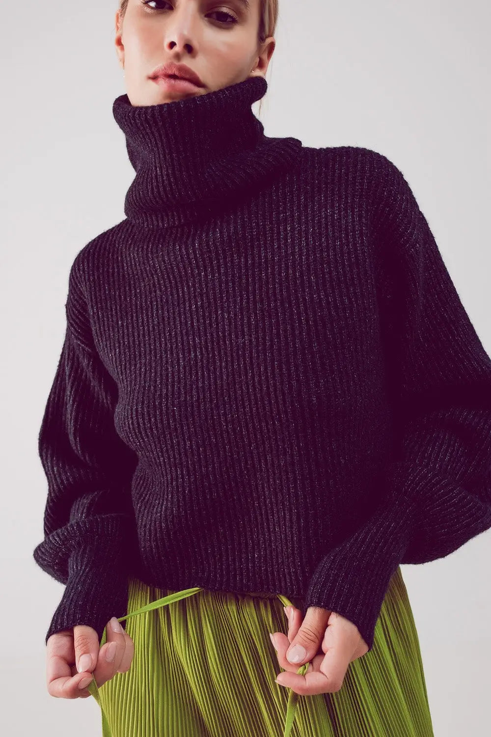High neck jumper with balloon sleeve in black - Sweaters