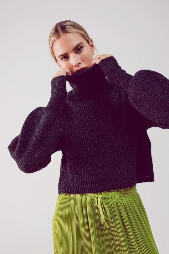 High neck jumper with balloon sleeve in black - Sweaters