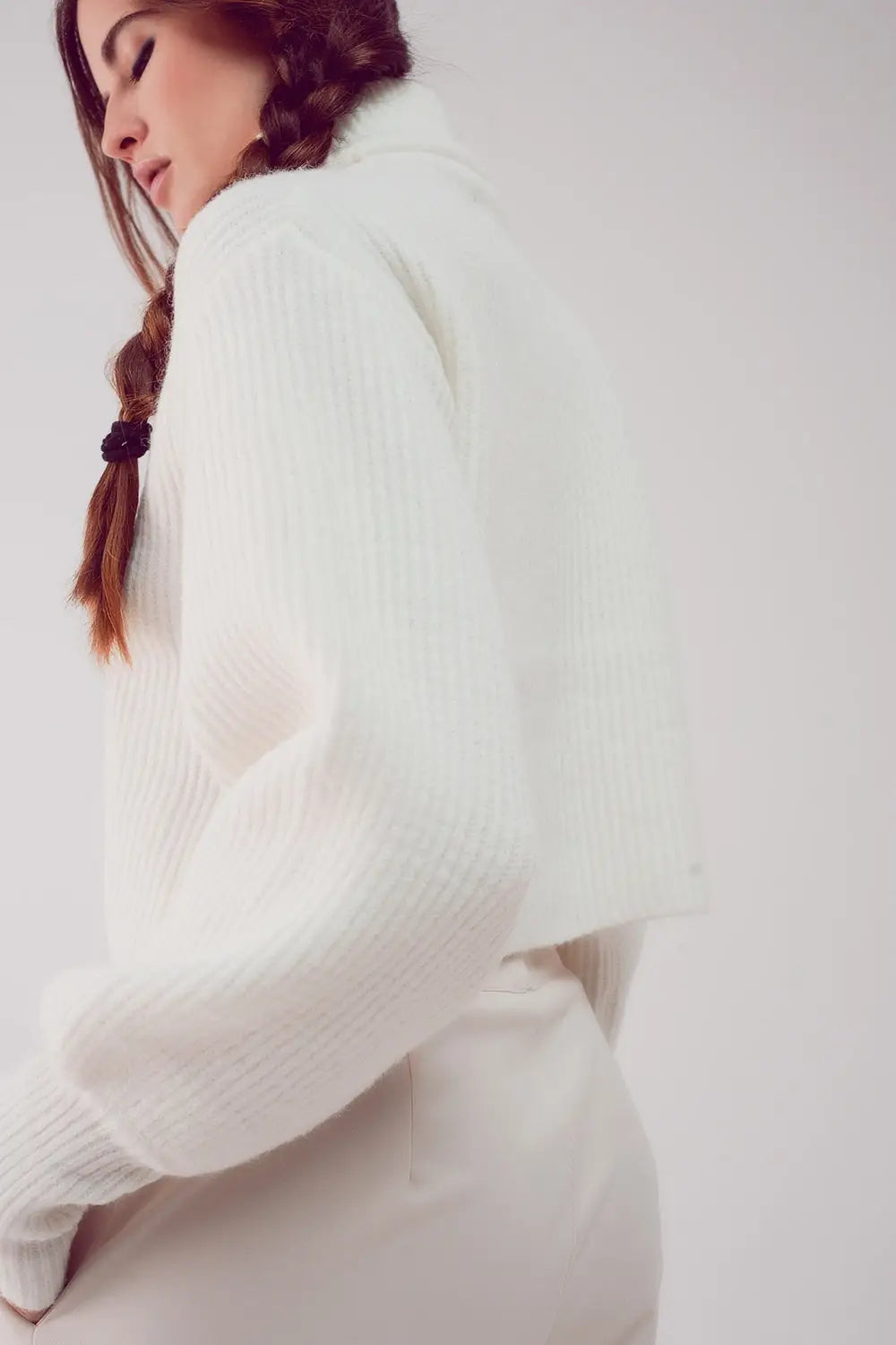 High neck jumper with balloon sleeve in cream - Sweaters