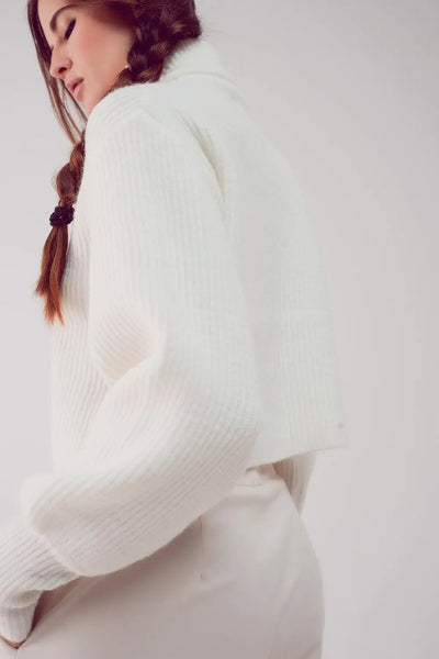 High neck jumper with balloon sleeve in cream - Sweaters