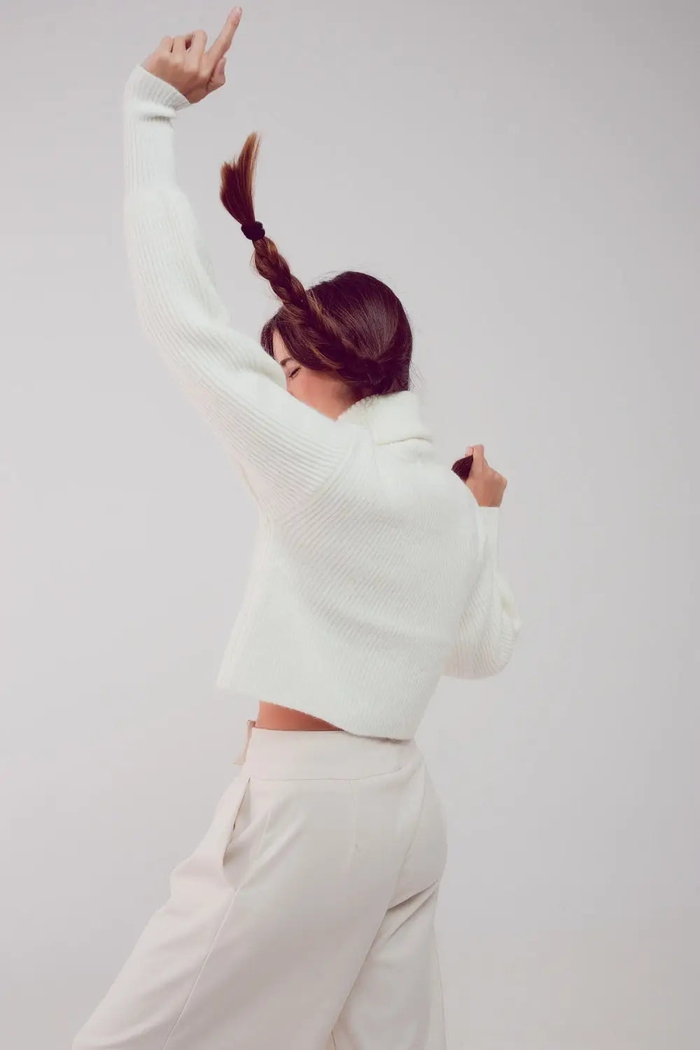 High neck jumper with balloon sleeve in cream - Sweaters