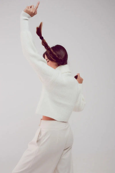 High neck jumper with balloon sleeve in cream - Sweaters
