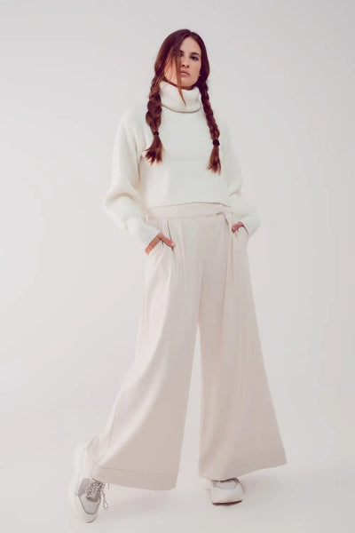 High neck jumper with balloon sleeve in cream - Sweaters