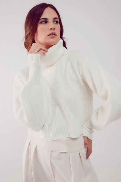 High neck jumper with balloon sleeve in cream - Sweaters