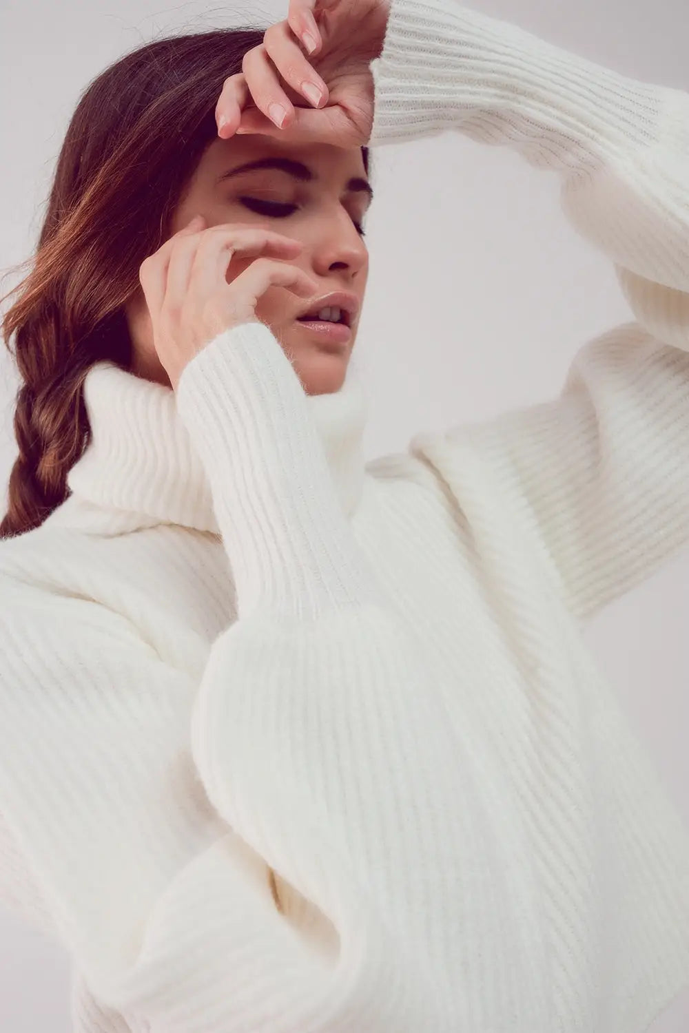 High neck jumper with balloon sleeve in cream - Sweaters