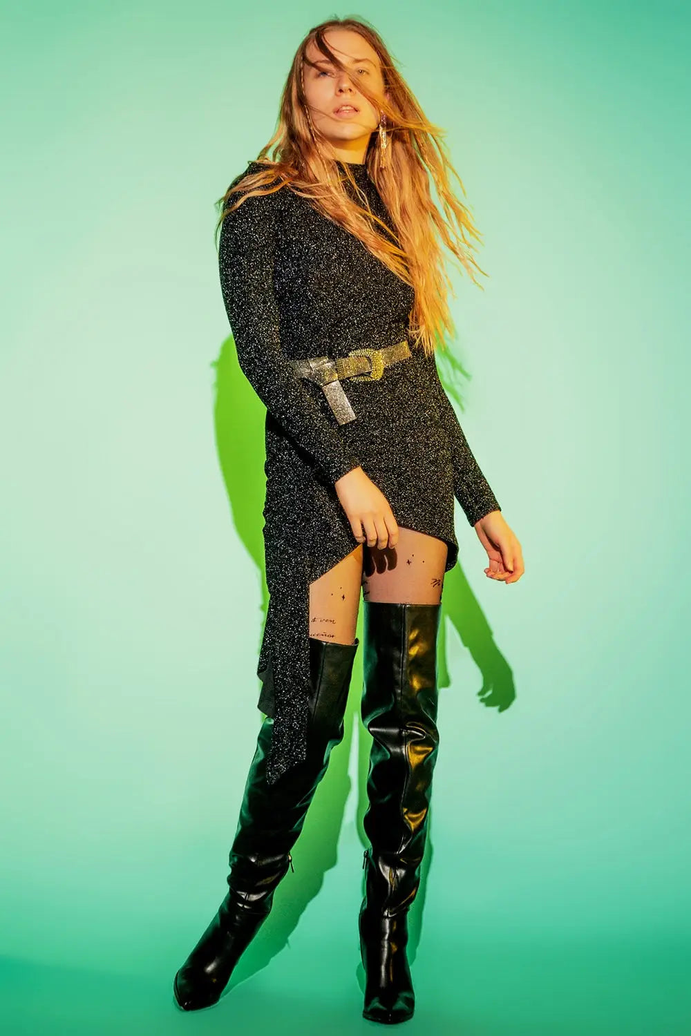 High neck long sleeve pencil dress in black glitter - Dresses