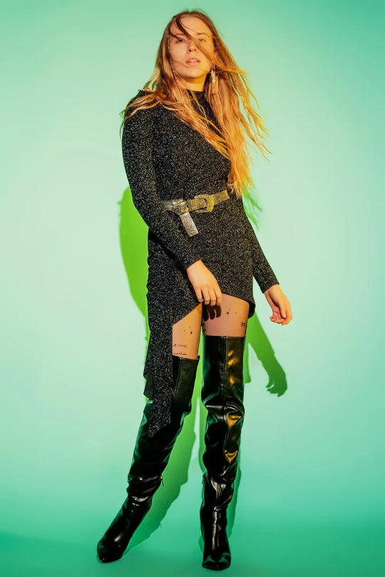 High neck long sleeve pencil dress in black glitter - Dresses