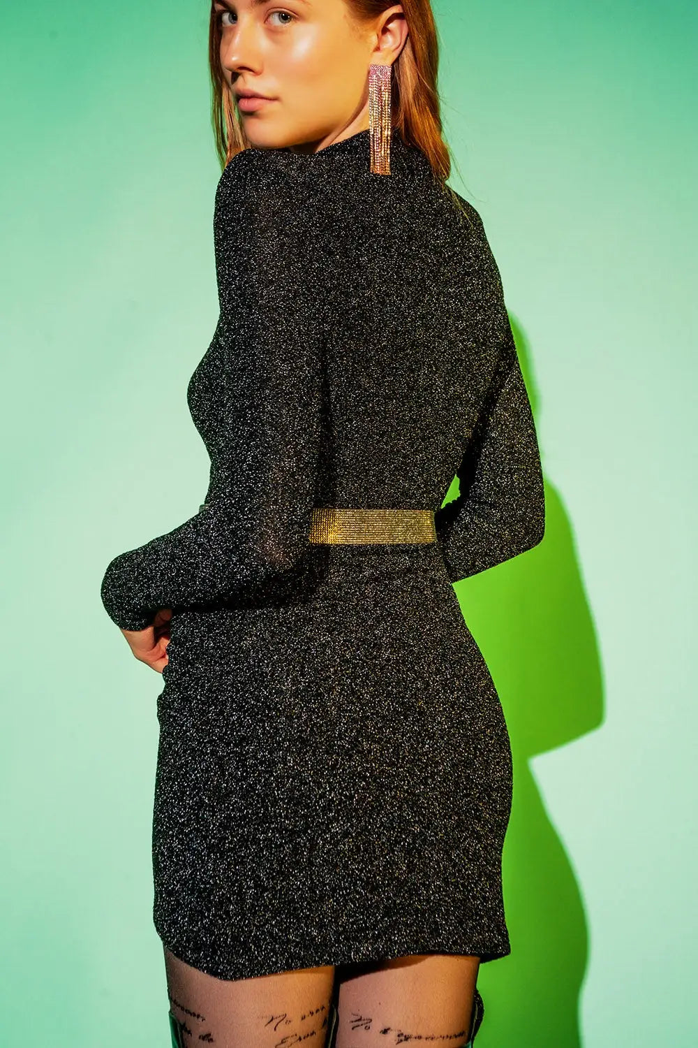 High neck long sleeve pencil dress in black glitter - Dresses