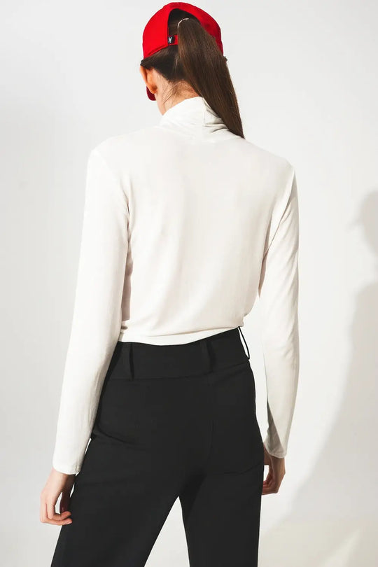 High neck long sleeve top in cream modal - Tops