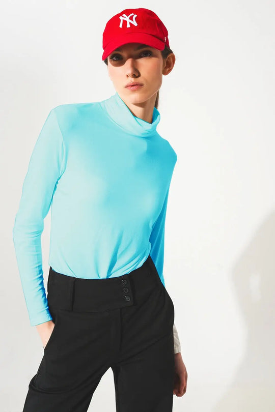 High neck long sleeve top in modal blue - Tops