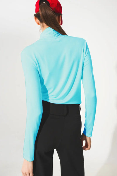 High neck long sleeve top in modal blue - Tops