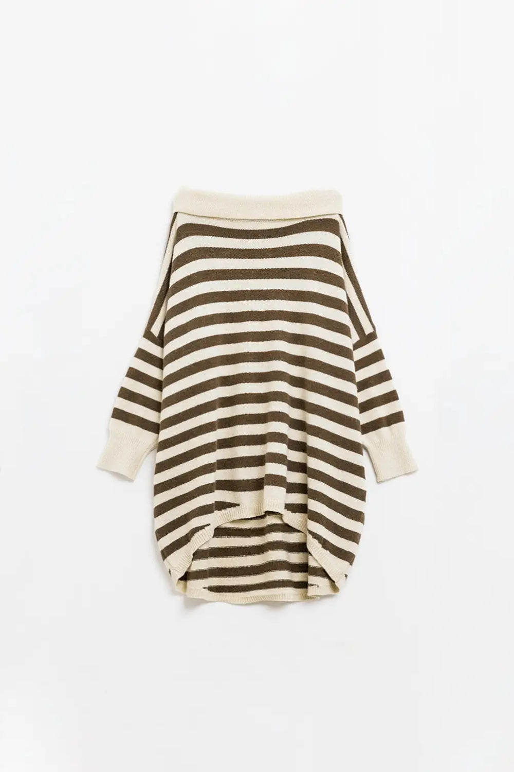 High Neck Oversized Swater With Bat Wings and Stripes in Cream and Brown - One Size / Beige - Sweaters