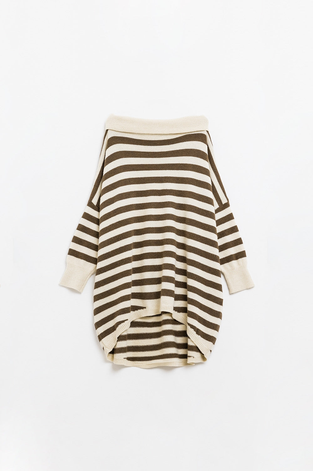 Q2 High Neck Oversized Swater With Bat Wings and Stripes in Cream and Brown