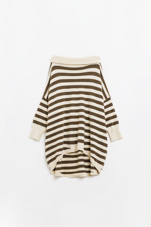 Q2 High Neck Oversized Swater With Bat Wings and Stripes in Cream and Brown