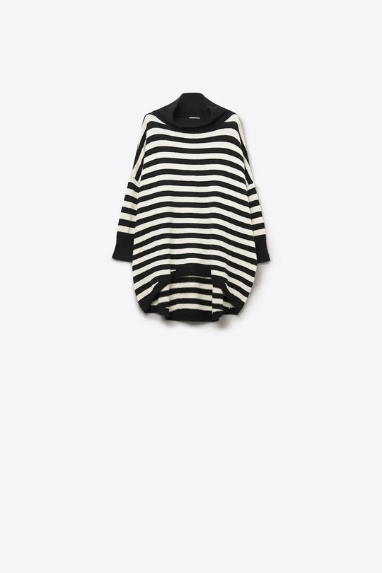 High Neck Oversized Sweater With Bat Wings and Stripes in black and white - One Size / Black - Sweaters
